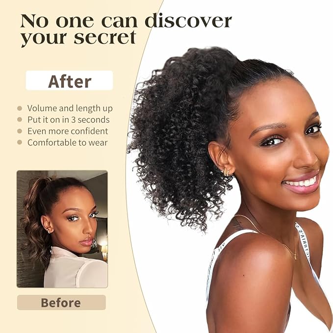 isheeny Human Hair Drawstring Ponytail for Black Women Natural Black Curly Extension 10Inch Instant Volume & Length for Everyday/Party