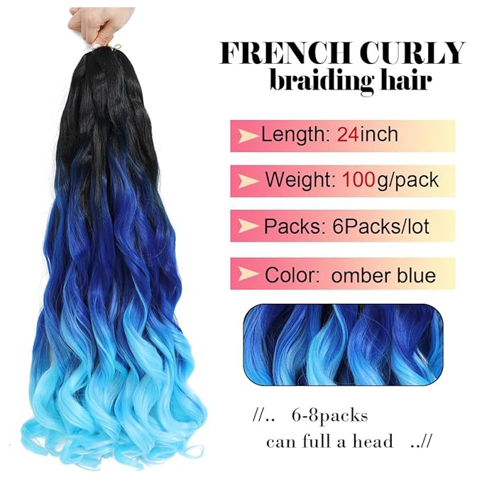 Ombre blue French Curly Braiding Hair 24 Inch 6 Packs Black Loose Wave Bouncy Crochet Hair Pre Stretched 100g/pack Yaki Curly Braiding Hair for Black Women Hair Extensions (Ombre blue)