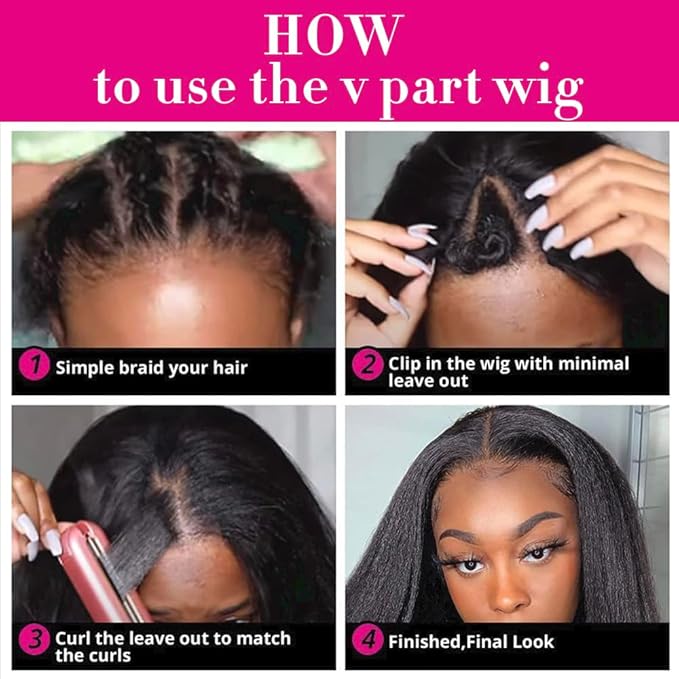 Larhali Kinky Straight V Part Wig Human Hair with Drawstring 200% Density Upgrade Glueless U Part Wig No Leave Out No Sew In V Part Wigs Kinky Straight Human Hair Wigs 24 Inch