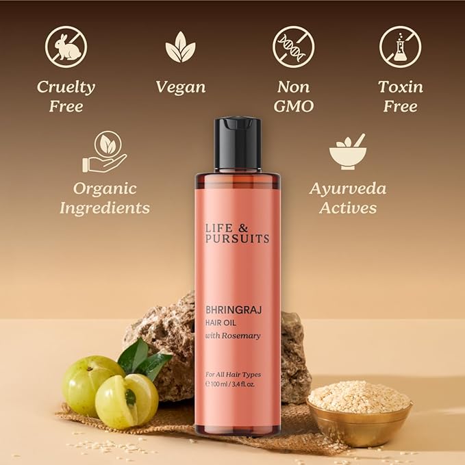Life & Pursuits Bhringraj Hair Growth Oil 3.4 Fl Oz, Natural Ayurveda Scalp Therapy For Men & Women| Rosemary, Amla, Hibiscus, Tea Tree & Coconut| Reduces Itchiness & Dryness| Nourishes Damaged Hair