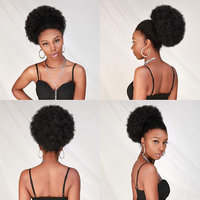 GLAM21USA Afro Puff Drawstring Ponytail Retro Kinky Curly Ponytail Wig Clip in Bun Hair Piece for Black Women Synthetic Hair Extension (MEDIUM, 1B (Off Black))