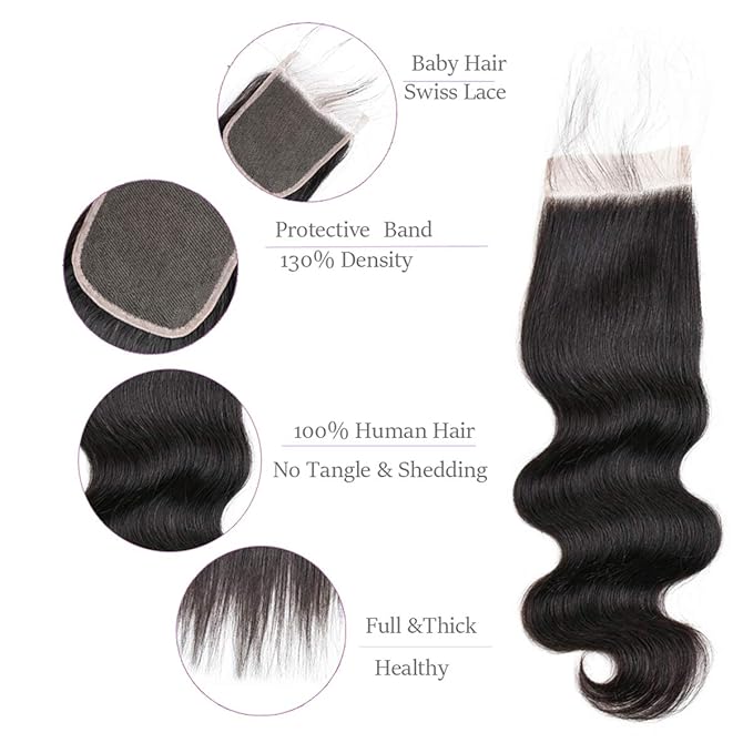 Body Wave 3 Bundles with Closure (20 22 24 with 18 Free Part Closure) Brazilian Virgin Hair 100% Unprocessed Human Hair Bundles with Lace Closure Brazilian Body Wave Natural Black Hair