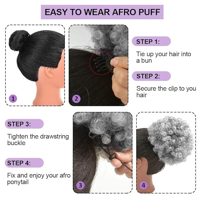 YEAME Afro Puff Drawstring Ponytail for Black Women, Premium Ombre Gray Afro Bun Drawstring Ponytail for Women Girls (1BT0906 Ombre Gray)