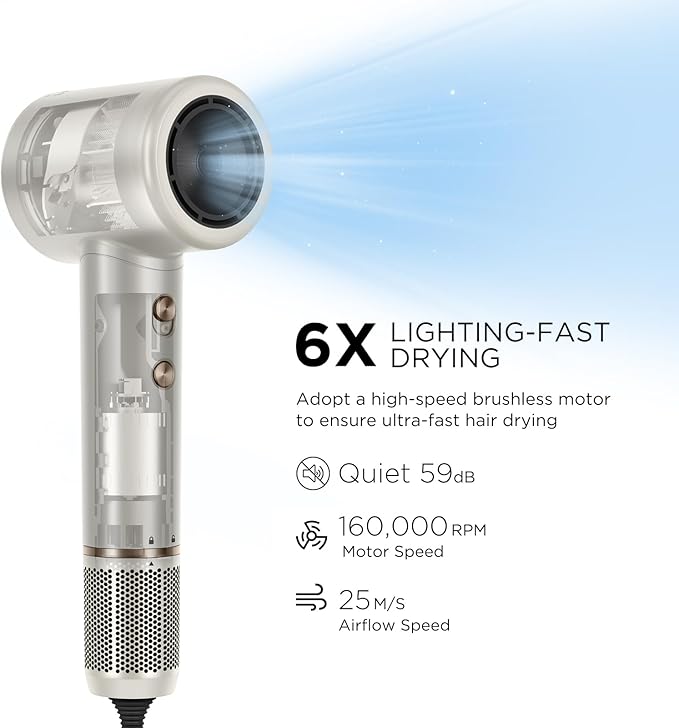 Hair Dryer, PARWIN PRO BEAUTY Fast Drying Blow Dryer with Diffuser, 110,000 RPM High Speed Hair Dryer with Display, 200 Million Negative Ions for Frizz Smoothing, 2 Speeds & 3 Temps, Champagne Silver