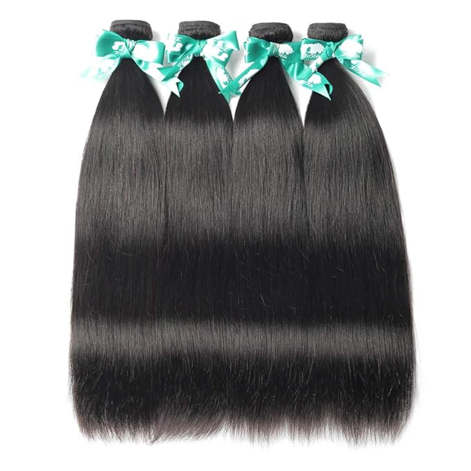 Straight Human Hair Bundles 100% Unprocessed Brazilian Straight Virgin Human Hair 4 Bundles Human Hair Extensions Natural Black Color(14 14 14 14)