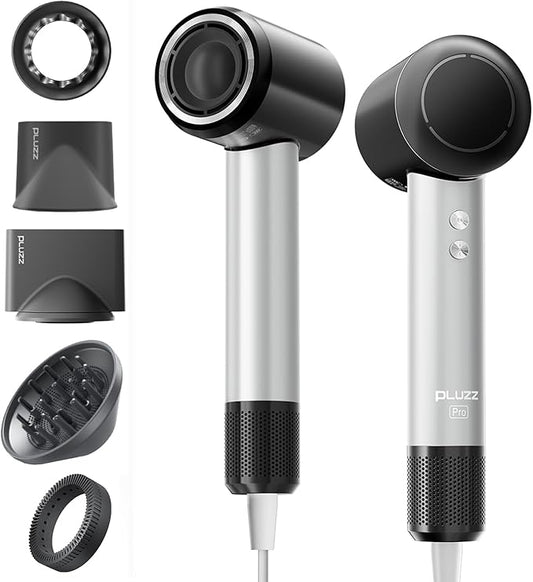 PLUZZ Pro Professional Hair Dryer with 3M Power Cord, 140,000 RPM Brushless Motor High-Speed, 500M Negative Ions, Quiet & Lightweight, Diffuser & Holders Attachments – Salon/Home Use