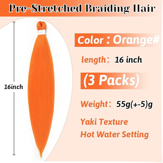 Umylar Orange Braiding Hair Extensions 16 Inch Pre stretched Braiding Hair Hot Water Setting Synthetic Braiding Hair Pre Stretched Crochet Braids Hair(16 Inch,3 Packs,Orange#）