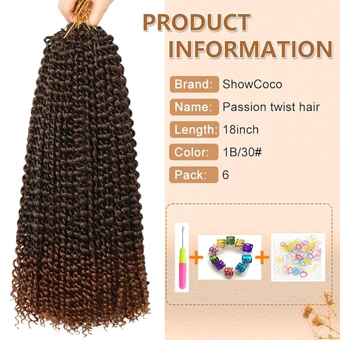 Passion Twist Hair 18 Inch, Passion Twist Crochet Hair Synthetic Braids for 6 Packs Water Wave Crochet Hair Long Bohemian Locs Hair (18 Inch, #1B/30)
