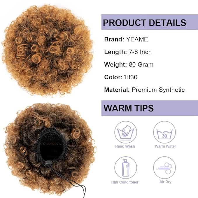 YEAME Afro Puff Drawstring Ponytail for Black Women, Short Kinky Curly Afro Ponytail Synthetic Hair Puffs, Premium Black Afro Bun Drawstring Ponytail for Women Girls （1B30 Black to Auburn Brown）