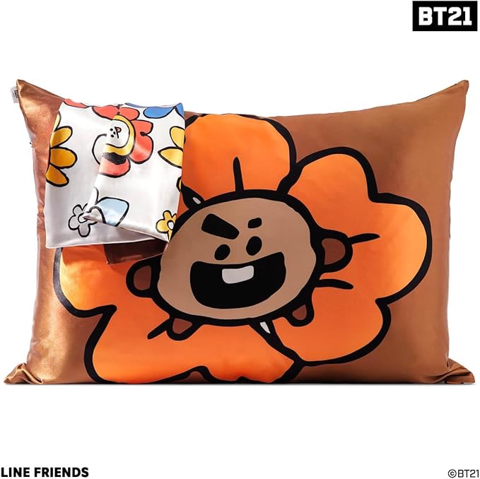 Kitsch x BT21 Satin Pillowcase with Zipper – Better Than Silk Pillowcase, Shooky Character & Funky Floral Print – Soft Cooling Toddler Bed Time Pillow Case for Hair & Skin – Queen/Standard 19x26
