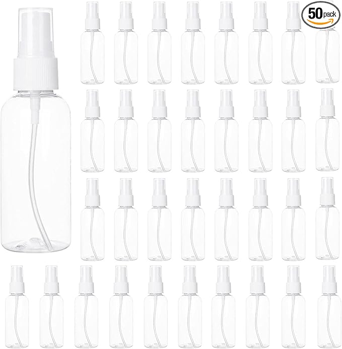 APACALI 50pcs 2 Oz Clear Fine Mist Spray Bottles, Reusable, Leak-Proof, Mini Travel Empty Spray Bottles for Perfume, Plant, etc. (60ml)