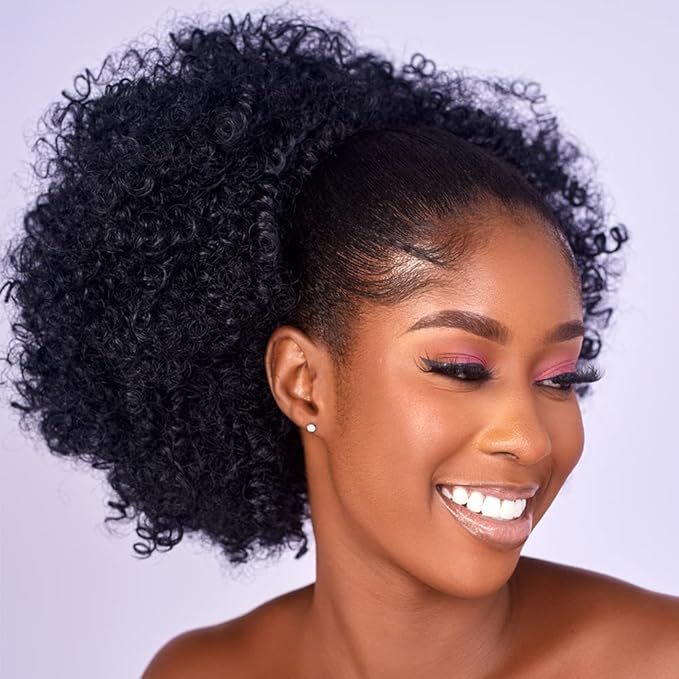 Afro Puff kinky curly Drawstring Ponytail Extension for Black Women Synthetic Short Afro Kinkys Curly Afro Bun Extension Hairpieces Updo Hair Extensions with Two Clips(1#)