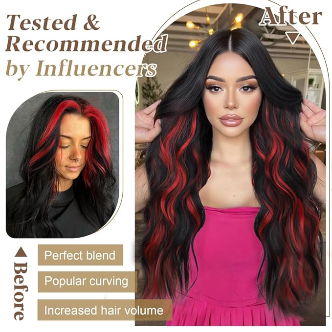 ALXNAN Clip in Long Wavy Hair Extension 20 Inch Black Red Highlights Hair Extensions 4PCS Thick Hairpieces Fiber Double Weft Hair for Women