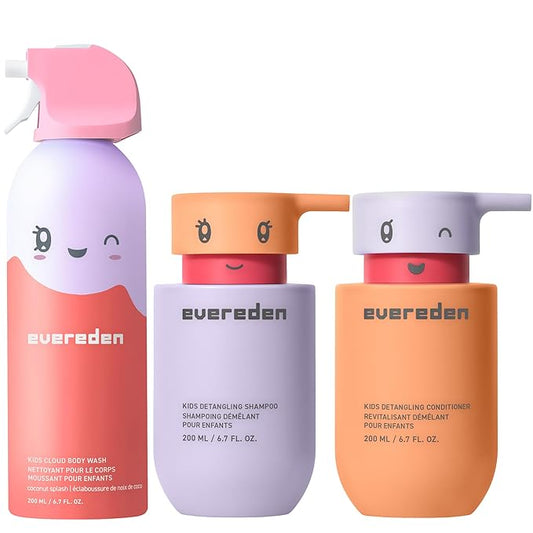 Evereden Kids Bathtime Trio: Hair Detangling Shampoo & Conditioner Set + Cloud Body Wash - Clean & Vegan Kids Haircare Set Paired With Fun Foaming Body Wash - No Sulfates, Paraben, or Phthalate
