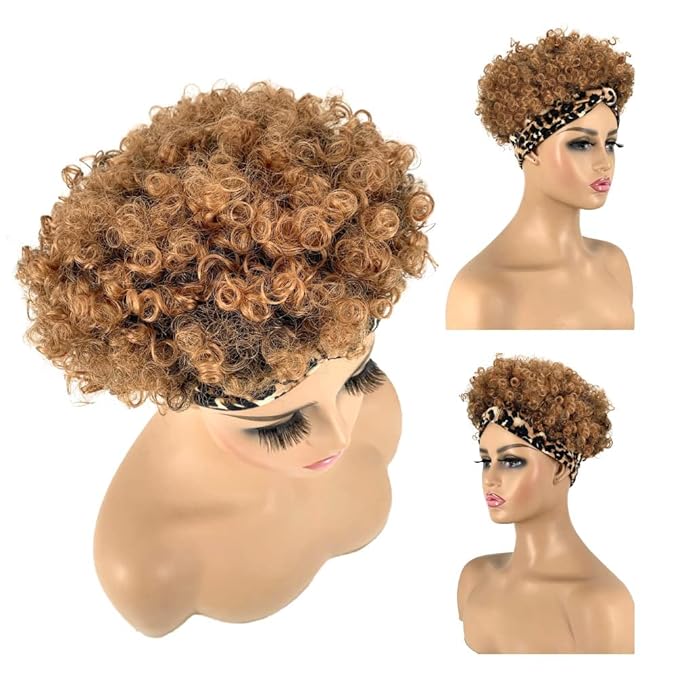 Short Curly Wigs with Headbands Attached for Black Women Synthitic Kinky Curly Afro Puff No Drawstring Ponytail Wig Headwrap Hairstyles With 2 Clips(T1B/30)