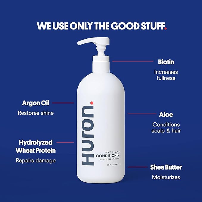 Huron Jumbo Shower Kit - Shampoo, Conditioner, & Body Wash For Men - Sea Salt + Driftwood Scent - Hydrating & Nourishing Men’s Shampoo & Conditioner (30.3 Oz Each)