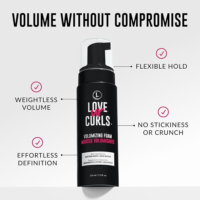 Love Ur Curls® Volumizing Foam, Lightweight Mousse for Curly Hair, Volume & Definition, Frizz Control, Soft Hold, Vegan, Silicone-Free, Quick-Drying, 7.3Fl. Oz.