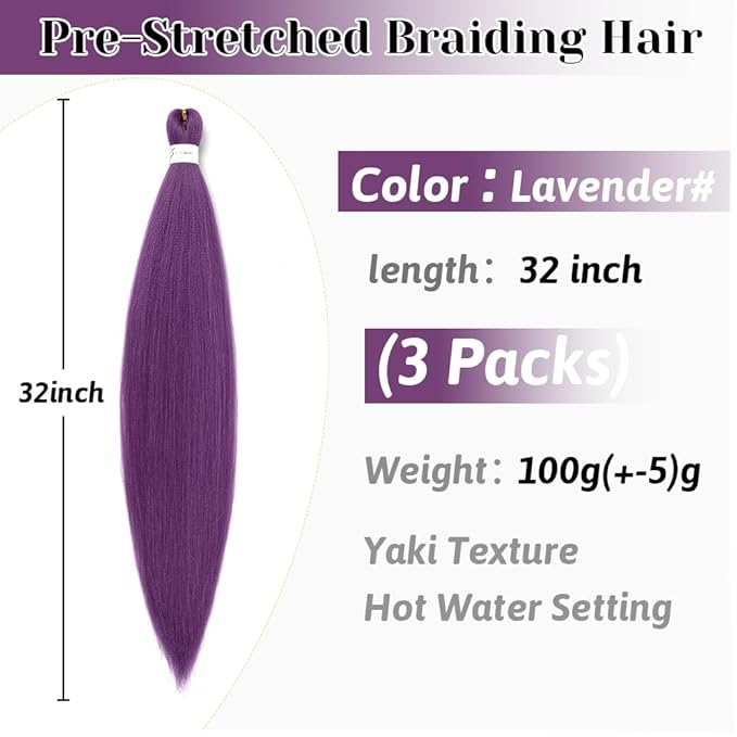 Pre stretched Braiding Hair Extensions Hot Water Setting Synthetic Hair Pre Stretched Crochet Braids Hair 32 Inch Lavender#