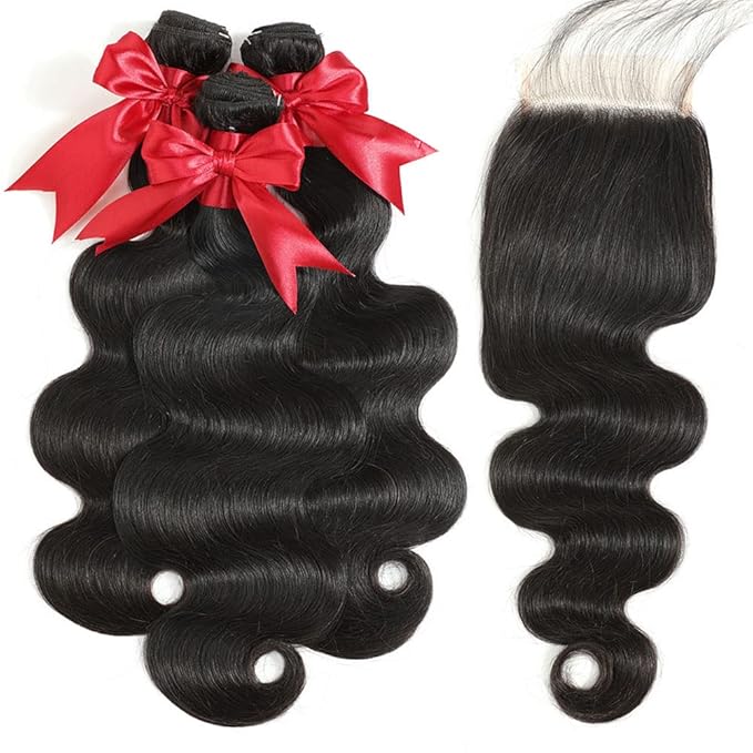 12A Body Wave Bundles with Closure Human Hair 18 20 22+16 Inch Brazilian Virgin Body Wave Human Hair Weave 3 Bundles with 4x4 HD Lace Closure