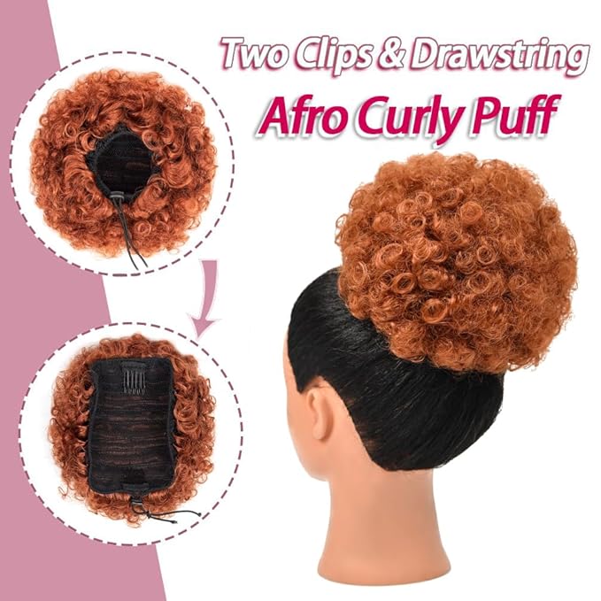rosmile Afro Puff Drawstring Ponytail Extension for Black Women, Premium Dark Orange 80 Gram Short Synthetic Afro Puff Ponytail for Natural Hair, Clip On Kinky Drawstring Curly Ponytail Bun