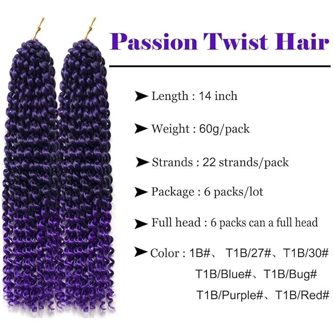 14inch Purple Water Wave Crochet Hair 6 Packs Ombre Passion Twists Crochet Hair for Butterfly Soft Locs Passion Twist Synthetic Crochet Hair Bohemian Locs Braiding Hair(14inch T1B/Purple#)