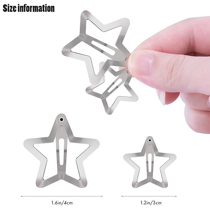 Star Hair Clips 2000s Y2K Snap Hair Barrettes Non Slip Star Hair Accessories Silver Metal Hair Clips for Girls Women -20 PCS 1.18", 1.57"