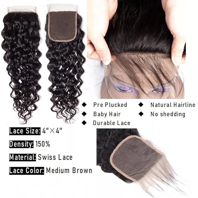 Bundles with Closure Water Wave 12A Unprocessed Brazilian Virgin Human Hair(18 20 22+16,Free Part) Bundles and Closure Water Wave Pre Plucked with Baby Hair Natural Color