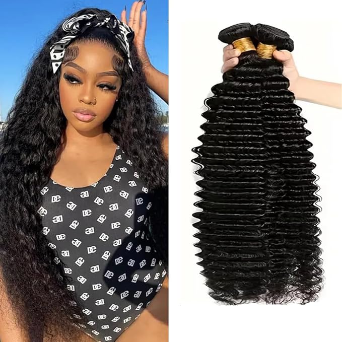 12A Human Hair Bundles Deep Wave 100% Unprocessed Brazilian Virgin Hair 4 Bundles Deep Curly Human Hair Extensions Quick Weave Human Hair (4 Bundlles Natural black, 16 18 20 22 Inch)