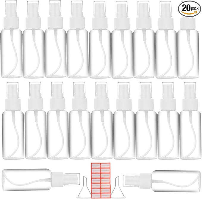 Spray Bottle, 2oz/50ml Small Plastic Fine Mist Spray Bottles, Mini Empty Travel Bottles with Funnels and Labels 20 Pack