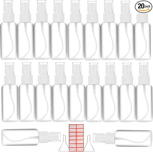 Spray Bottle, 2oz/50ml Small Plastic Fine Mist Spray Bottles, Mini Empty Travel Bottles with Funnels and Labels 20 Pack