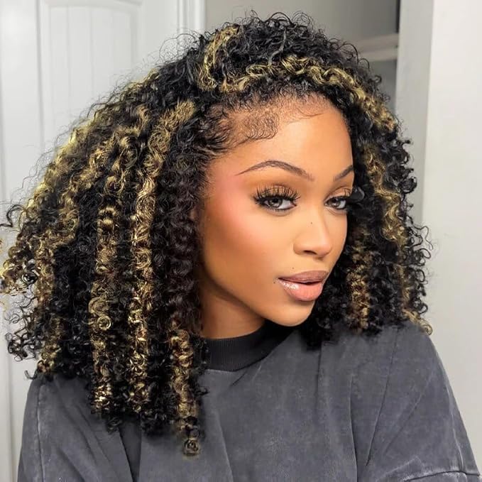 Kinky Curly Half Wig Human Hair 250% Density Wear Go Glueless Wigs Human Hair Curly 3 In 1 Half Wigs for Women Drawstring Seamless Flip Highlight Blonde Headband Wig Beginner Friendly (20 Inch)