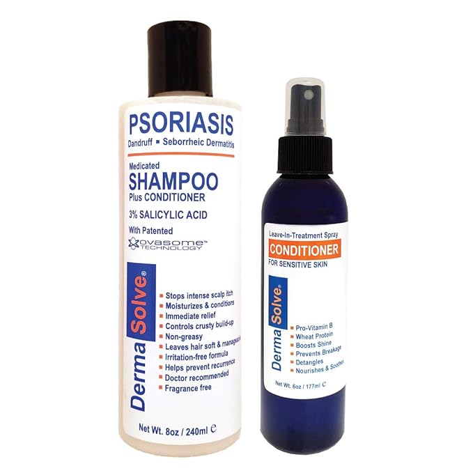 Psoriasis Shampoo and Leave-In Styling Spray Conditioner (Combo Pack) | Detangler for Sensitive Skin, Soothing Anti Dandruff, De-Flake, Dry Scalp Treatment for Seborrheic Dermatitis & Damaged Hair