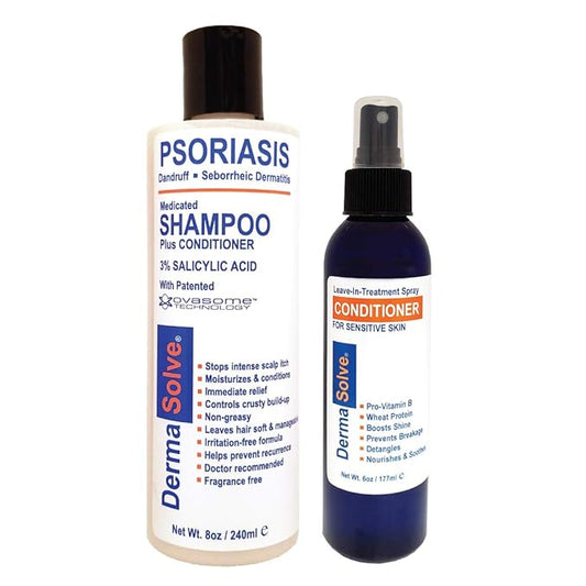 Psoriasis Shampoo and Leave-In Styling Spray Conditioner (Combo Pack) | Detangler for Sensitive Skin, Soothing Anti Dandruff, De-Flake, Dry Scalp Treatment for Seborrheic Dermatitis & Damaged Hair