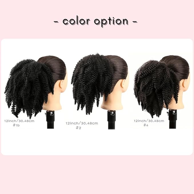 Short Marley Hair Drawstring Ponytail Black 4C Afro Puff Bun Braiding Ponytail Hair with Clips Synthetic Afro Kinky Curl Pony Tail Hairpiece for Black Women - Natural Black 12"