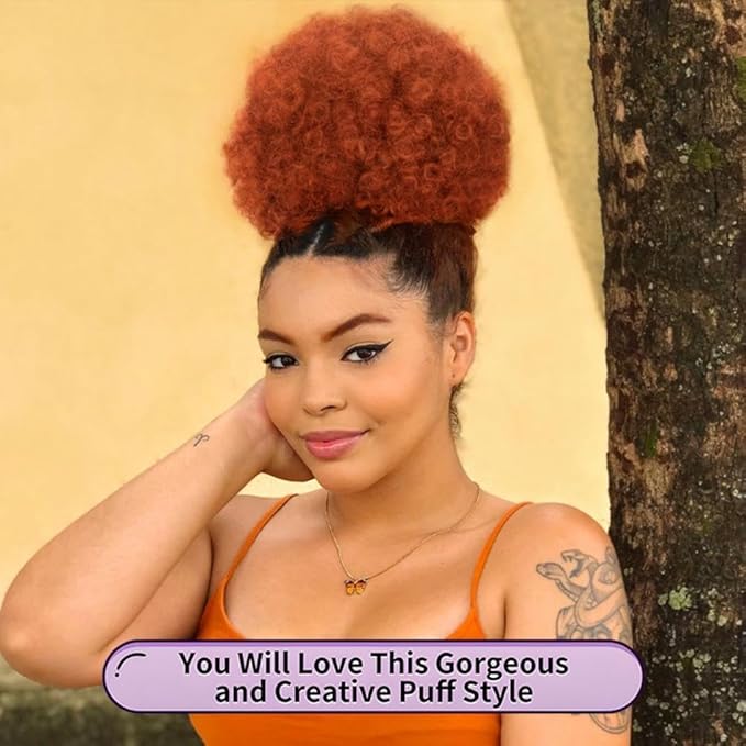YEAME Afro Puff Drawstring Ponytail for Black Women, Short Kinky Curly Synthetic Hair Puffs, Purple Bun for Women Girls (Dark Orange)