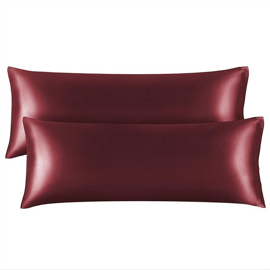 BEDELITE Satin Body Pillow Cover 2 Pack, Super Soft and Cooling Body Pillow Pillowcase for Hair and Skin, Breathable Silky Full Long Pillowcase Cover(20"x54", Burgundy)