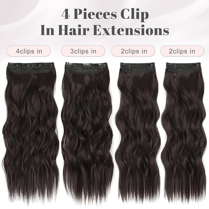 ALXNAN Clip in Long Wavy Synthetic Hair Extension 16 Inch Dark Brown 4PCS Thick Hairpieces Fiber Double Weft Hair for Women
