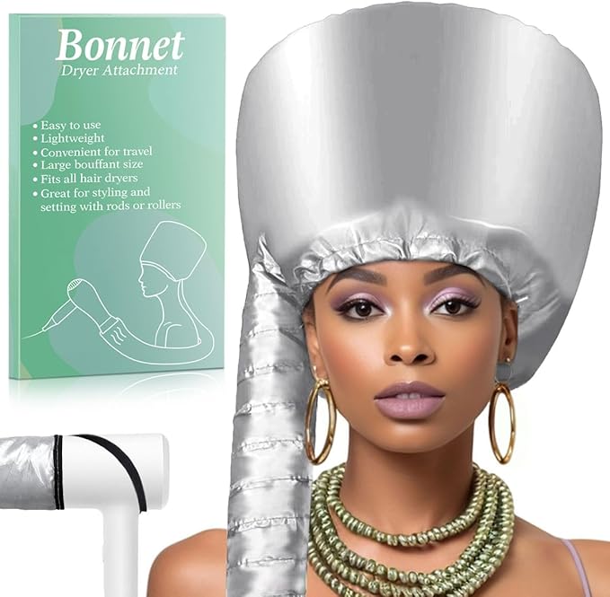 Hooded Hair Dryer Bonnet - Fast-Drying Bonnet Hair Dryer for Natural Hair, Deep Conditioning, Styling, & Curl Enhancing - Adjustable Fit, Heat Distribution, Portable & Lightweight for Travel（Silver）
