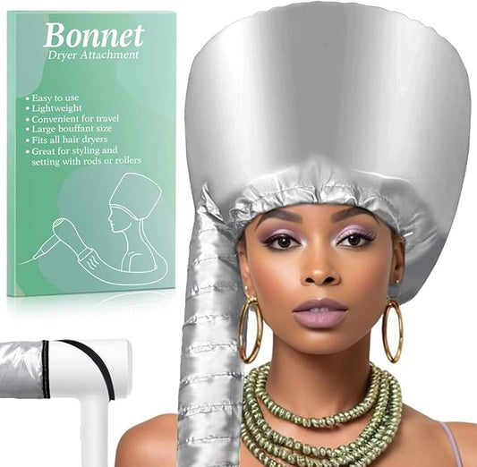 Hooded Hair Dryer Bonnet - Fast-Drying Bonnet Hair Dryer for Natural Hair, Deep Conditioning, Styling, & Curl Enhancing - Adjustable Fit, Heat Distribution, Portable & Lightweight for Travel（Silver）