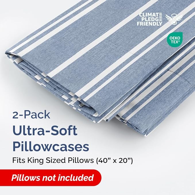 King Pillow Cases Set of 2 - Ultra Soft Hotel Quality Pillowcase Covers - Comfy, Cozy & Wrinkle Free - Shrinkage and Fade Resistant - Machine Washable Pillow Protectors - 2 Piece Set - Blue Stripes 3