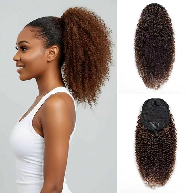 Afro Kinky Curly Ponytail Human Hair 150% Density Brazilian Virgin Hair 4C Afro Puff Drawstring Ponytail Extension for Black Women Dark Brown Color （12 Inch 4#）