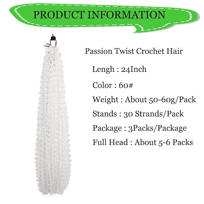 Curly Crochet Hair Extensions White Passion Twist Braids 24Inch Long Curly Braiding Hair 3Packs Spring Crochet Braids Hair Extensions Goddess Box Braids for Black Women(24",60#)