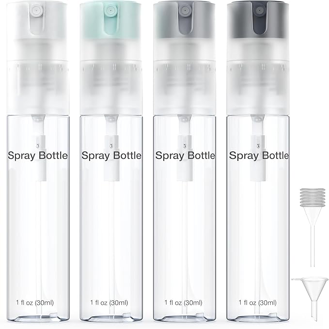 4 Pack Refillable Spray Bottle, Reversible Small Empty Spray Bottle with Fine Mist, Leak Proof - for Cleaning Solutions, Mosquito prevention, Face & Hair Mist - 4pk 1 OZ / 30 ML