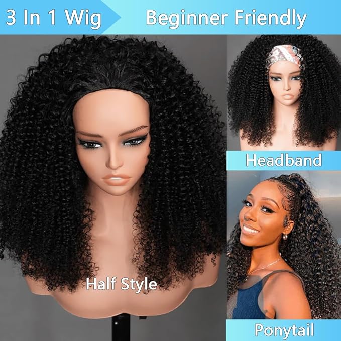 Kinky Curly Half Wig Human Hair 200% Density Wear Go Glueless Wigs Human Hair for Black Women Curly Human Hair Wig 22 Inch Afro Curly Seamless Flip Wig Invisible Hairline Beginner Friendly