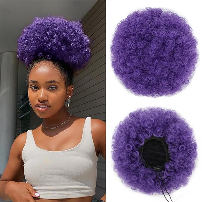 YEAME Short Kinky Curly Synthetic Afro Puff Drawstring Ponytail for Black Women and Girls (2404 Purple)