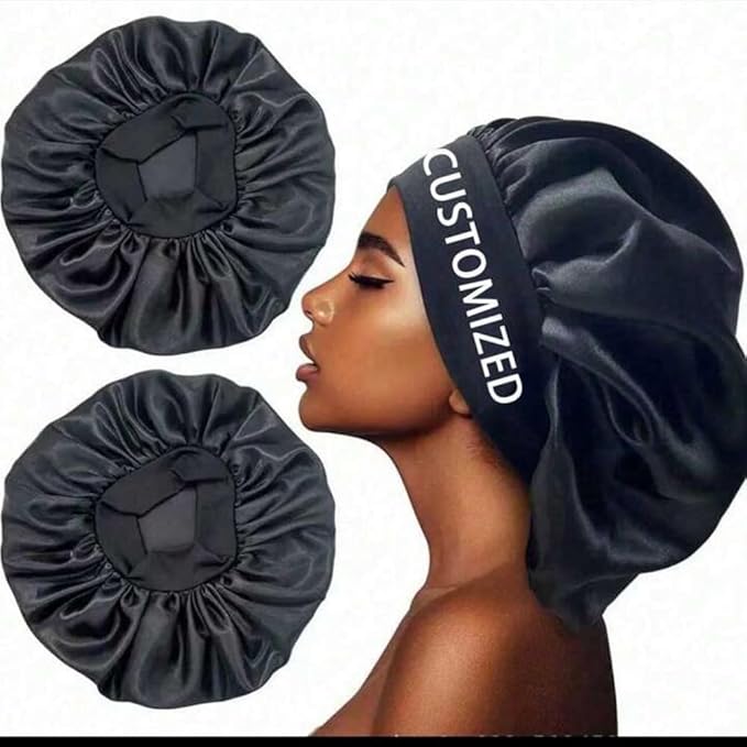 Custom Silk Bonnet for Women - Personalized Name Logo Satin Bonnet Hair Wrap for Sleeping Band Sleep Night Head Cover for Curly Braid Fine Black