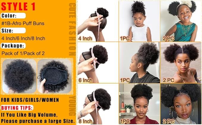 Afro Puffs Large Human Hair Buns Natural Drawstring Ponytail Extensions Updo Chignon 8 Inch Natural Black for Black Women Girls