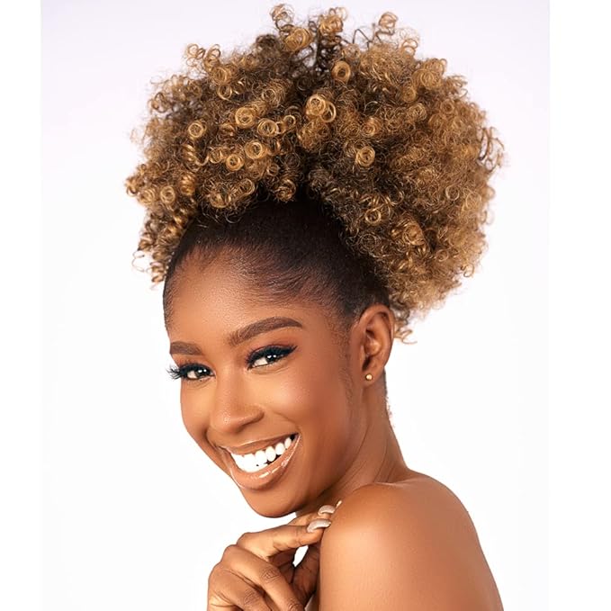 Afro Puff kinky curly Drawstring Ponytail Extension for Black Women Synthetic Short Afro Kinkys Curly Afro Bun Extension Hairpieces Updo Hair Extensions with Two Clips(T27#)