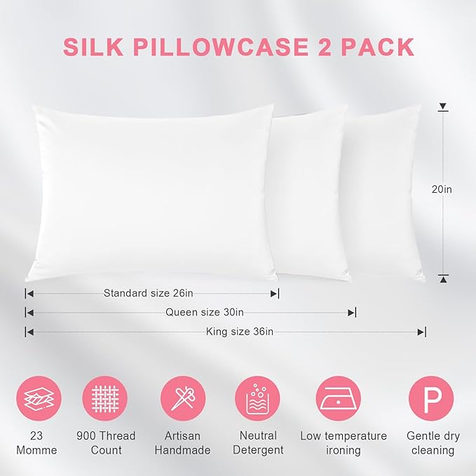 100% Silk Pillowcase 2 Pack for Hair and Skin, Both Sides 23 Momme Grade 6A+ Mulberry Silk Pillowcases with Hidden Zipper, Soft&Smooth Cooling Pillow Cases (White, King 20×36)