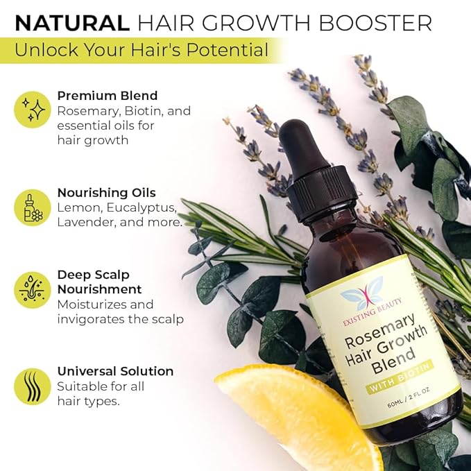 Rosemary Oil for Hair Growth - Biotin & Natural Blend by Existing Beauty - Stimulates Scalp, Nourishes Roots, Promotes Thicker, Fuller Hair for Women & Men - 2.02 fl oz by Existing Beauty